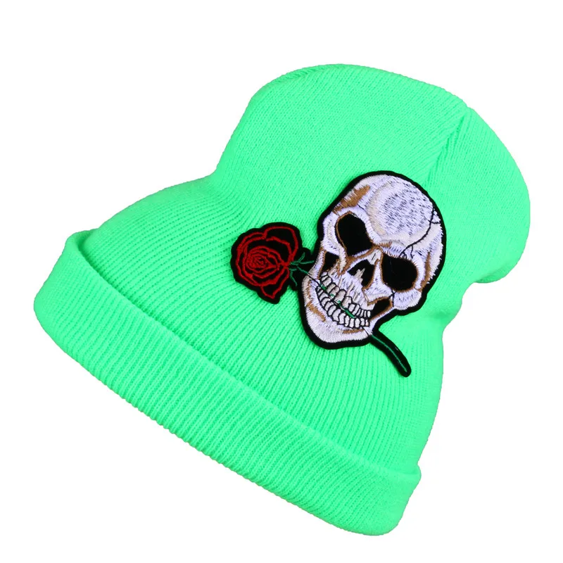 CRUOXIBB Мужская и женская теплая зимняя шапка вязаные шапки для девочек с черепом и красной розой шапка осень-зима модные шапочки Повседневные вязаные шапки s - Цвет: fluorescence green