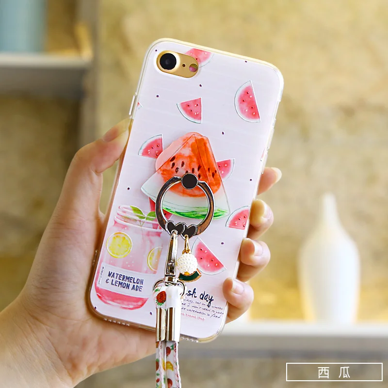 3D Fruit Cases For iphone 7 6 Case TPU Fundas For iphone 8 6s Se 5s 7 Plus Cover Bag With Ring Soft Back Phone Case Cute Rope q6
