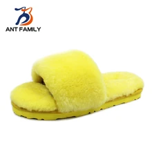 Natural Sheepskin Fur Home Slippers Women Winter Wool Slippers Luxury Furry House Slippers Fashion Lovely Yellow Indoor Slippers