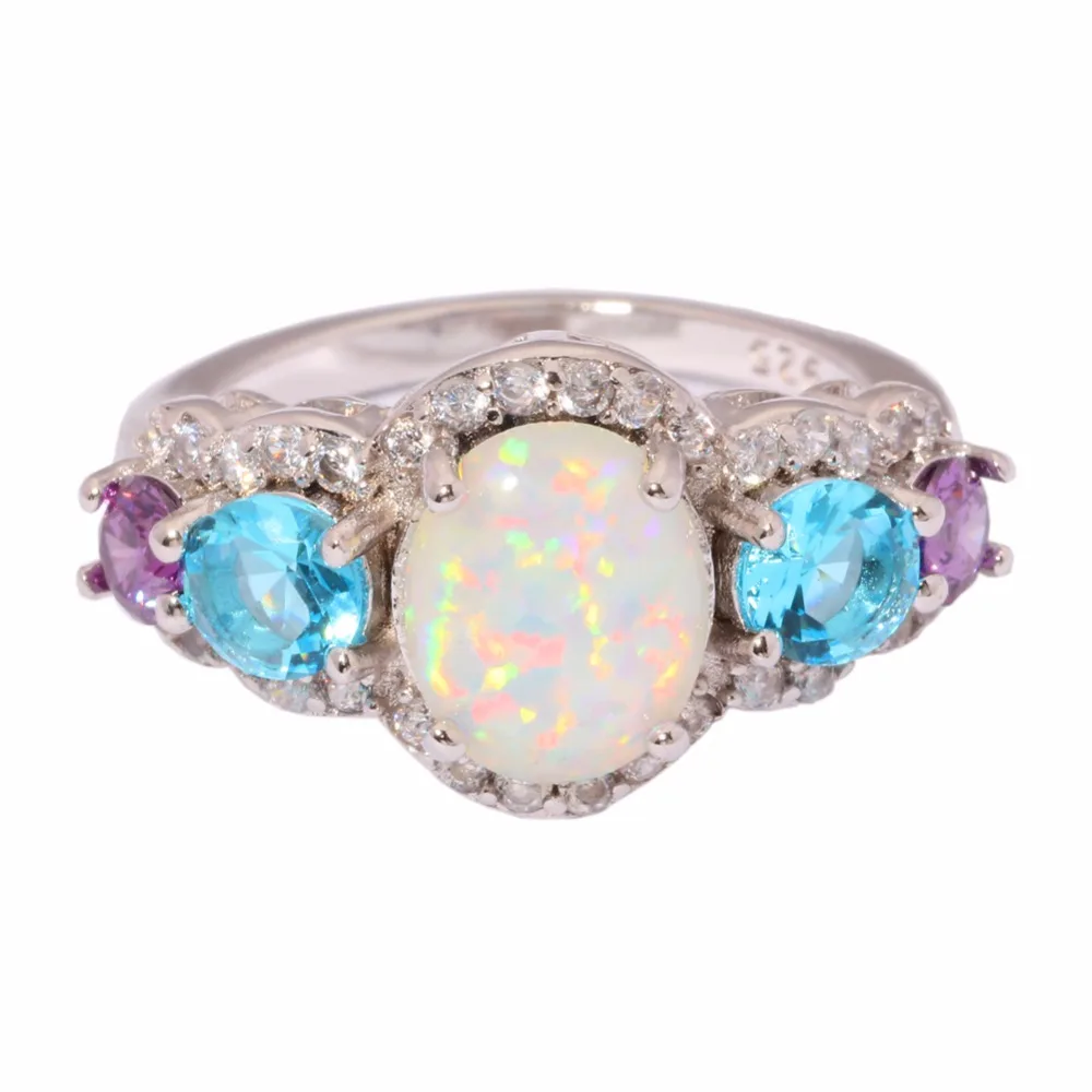 CiNily White Fire Opal Rpund Stone Rings Silver Plated Blue Purple CZ Large Full Crystal Filled Ring Party Jewelry Women Girls