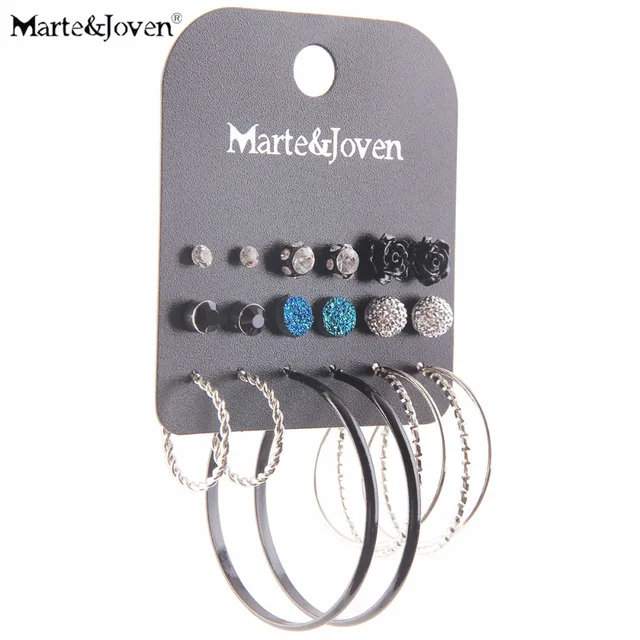 Marte Joven Black Circle Hoops And Silver Color Twisted Hoop Earring Marte Joven Black Circle Hoops And Silver Color Twisted Hoop Earring Set For Women Mixed Round