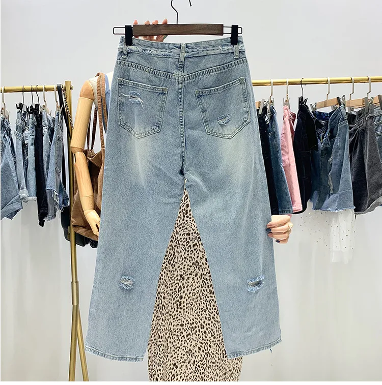 Бойфренд синий рваные женские джинсы с бисер жемчуг высокая Талия Лето 2019 г. винтаж отверстие девять джинсовые штаны Femme