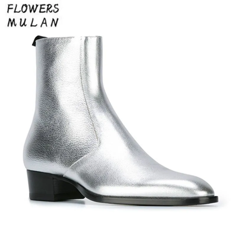 

Classic Mens Ankle Boots Side Zip Silver Patent Leather Harness Chelsea Boots Runway Style Mens Metallic Leather Shoes Botas Man
