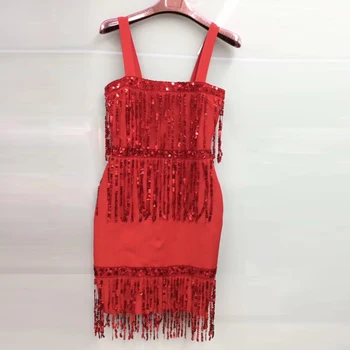 

Women's Glamorous Tassel Sequined Bandage Dress Sexy Red Black Sleeveless Mini Party Dress Bodycon Women's Clubnight Sexy Dress