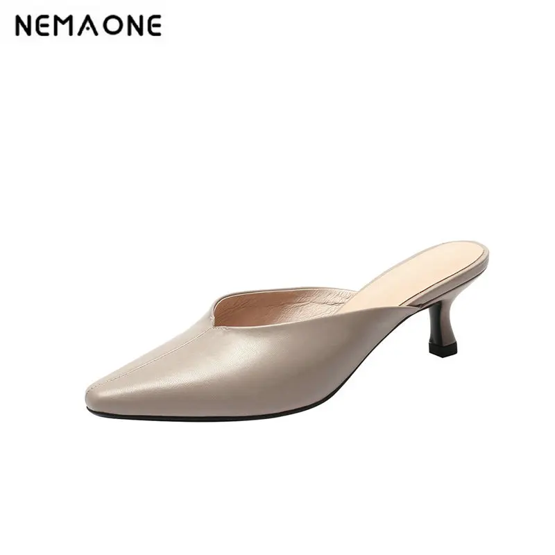 

NEMAONE Women shoes Elegant Genuine Leather High Heels slippers Party Shoes Woman 2019 Casual Basic Shoes