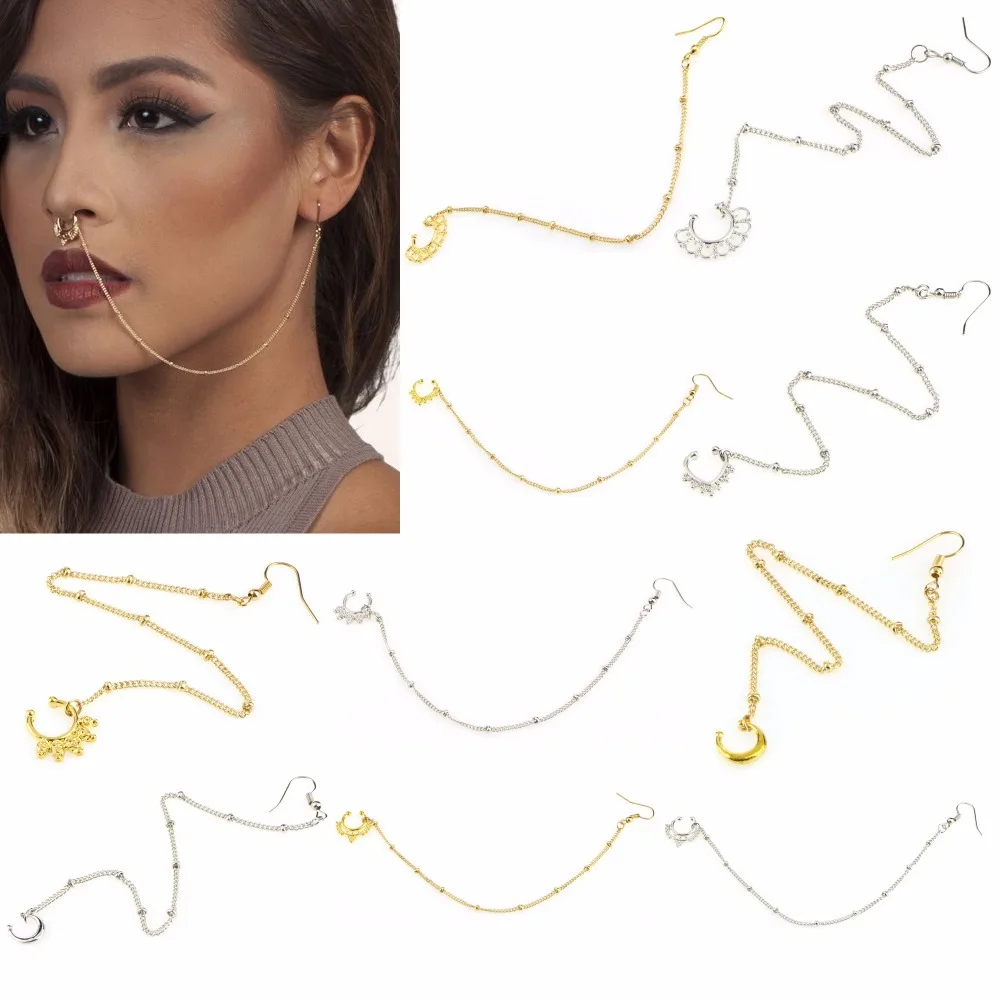 

1piece Punk Nose Rings and Studs Chain Fake Septum Piercing Geometric Nose Hoop Fake Nose Clip Ear Chain Women Body Jewelry