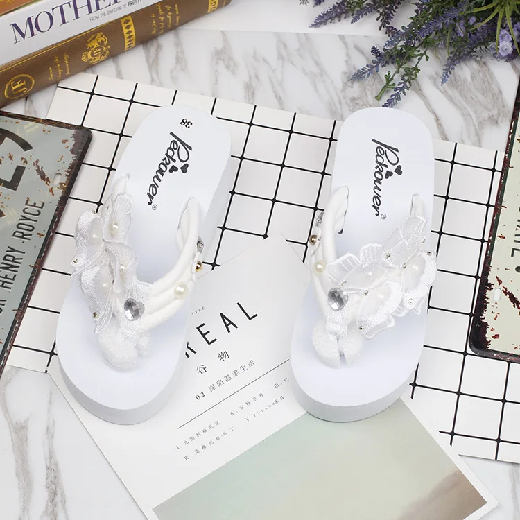 Korean Handmade Pearl Butterfly Slippers Female Summer Non-slip Beach White Platform Wedge Flip Flops Shoes Cheap Online 6cm47