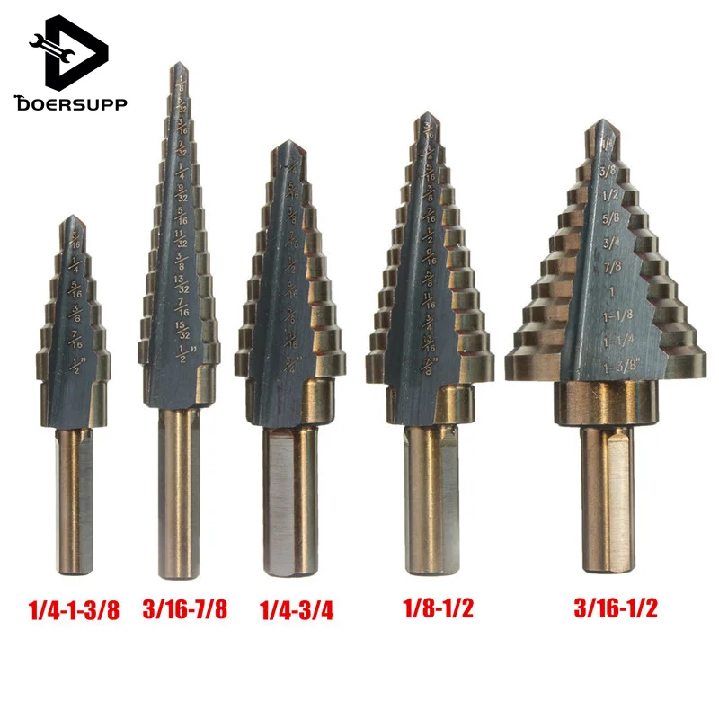 

Doersupp 5pcs/Set HSS Wood Drilling COBALT MULTIPLE HOLE 50 Sizes STEP DRILL BIT SET for Metal w/ Aluminum Case