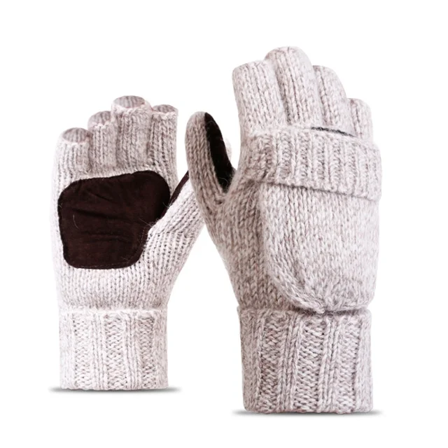 Flip Knitted Mittens Warm Wool Gloves Unisex Fingerless Mittens Men