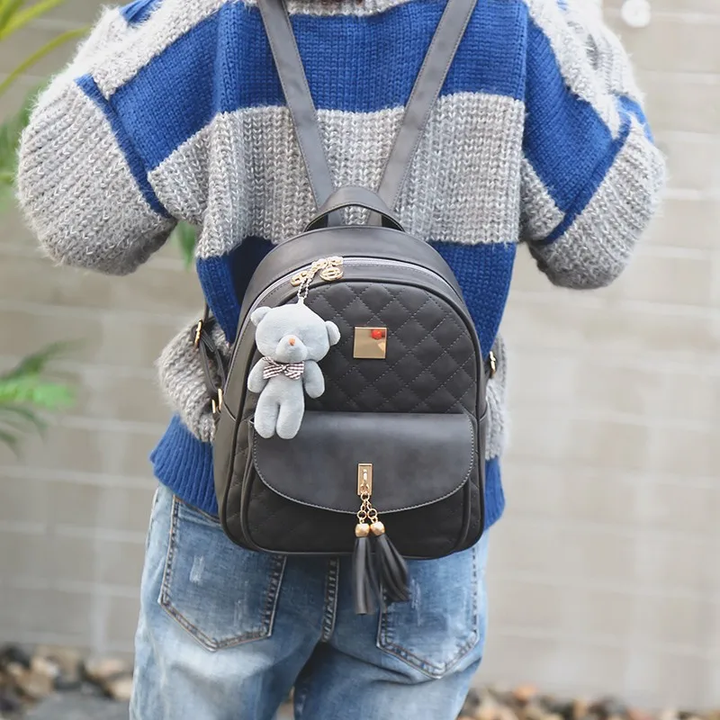 New Arrival 3pcsset Small Bear Pendant Girls Schoolbag PU Tassel Women Backpack Double Zipper Women Bag Vintage Backpack Bag (7)