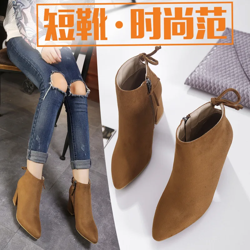 

Europe winter 2017 high-heeled shoes with pointed boots Martin British style coarse lace up booties and bare boots