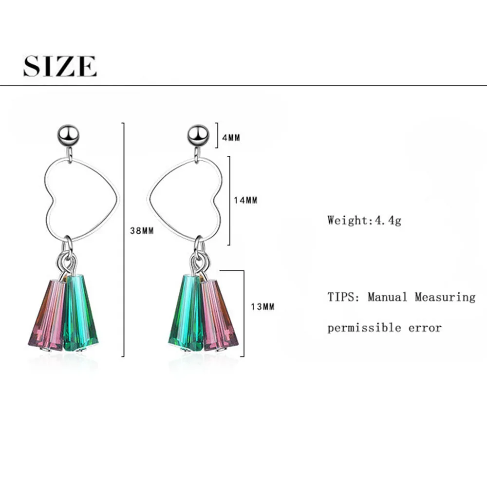 Anenjery, 925 пробы, серебряные серьги в виде сердца, разноцветные, искусственный кристалл, радужные серьги с кисточками для женщин, S-E659
