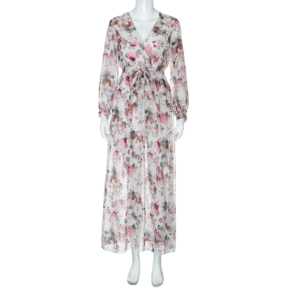 Страусиное женское платье с v-образным вырезом и длинным рукавом Шифоновое Вечернее Платье макси с цветочным принтом летняя Цветочная свободная пляжная женская одежда