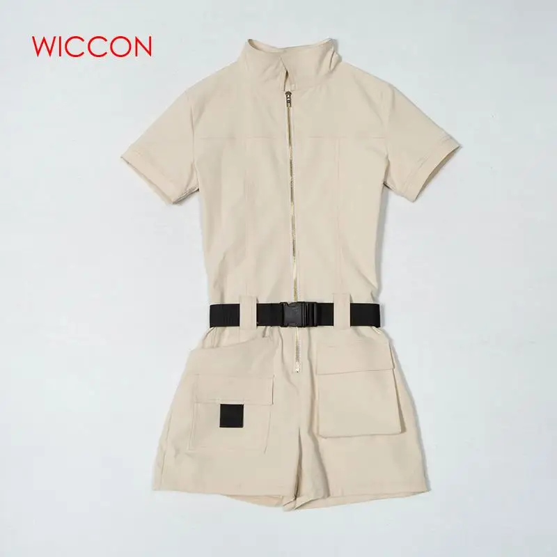 

2019 Women Sexy Street Fashion Buckle Playsuits Turn Down Collar Zipper Bodysuits Patchwork Short Sleeve Mujer Playsuits