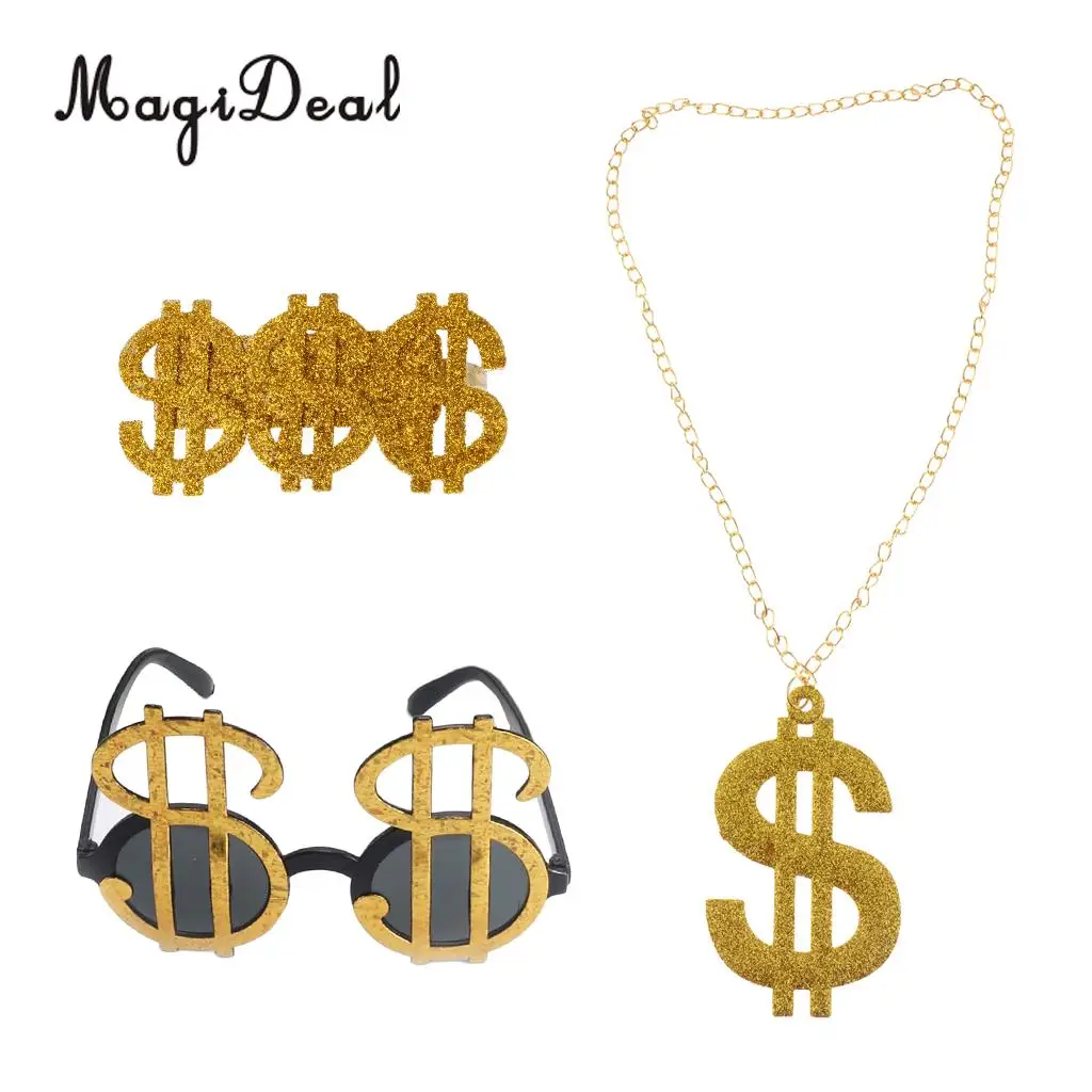 MagiDeal Set of 3pcs Glitter USD Dollar Signs Eye Glasses Ring Necklace 70s 80s Rapper Big Daddy Costume Dress up Jewelry Props
