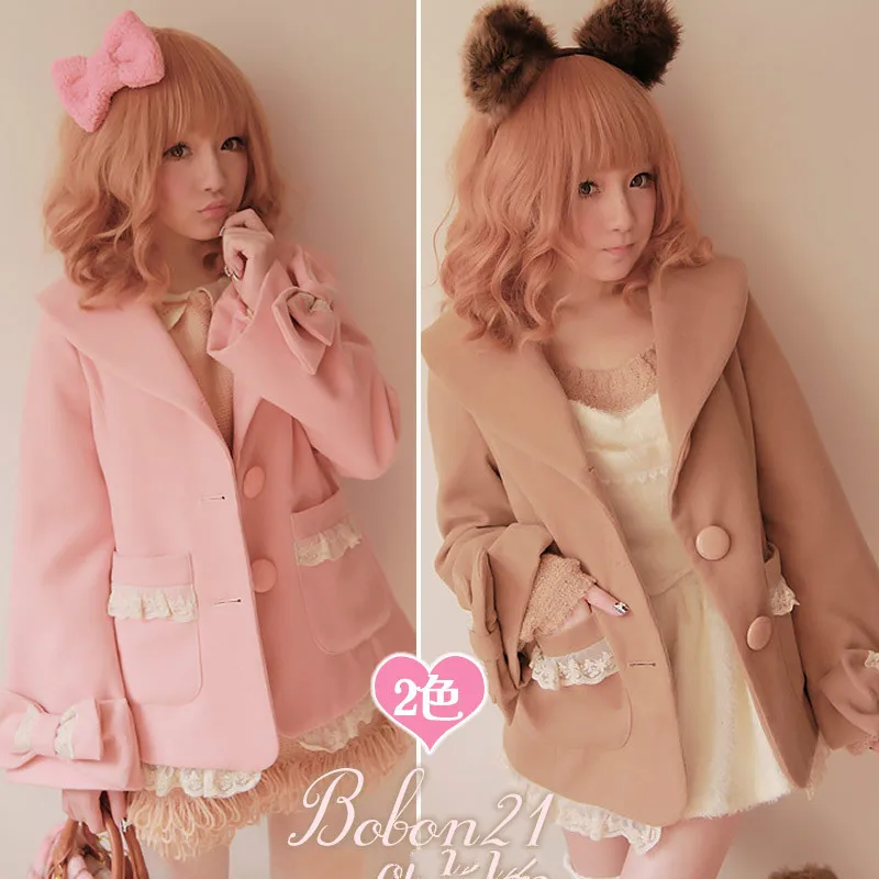 

bobon21 Sweet lolita coat princess royal pink gentlewoman bow lace decoration woolen coat Autumn and winter warm outerwear c0688