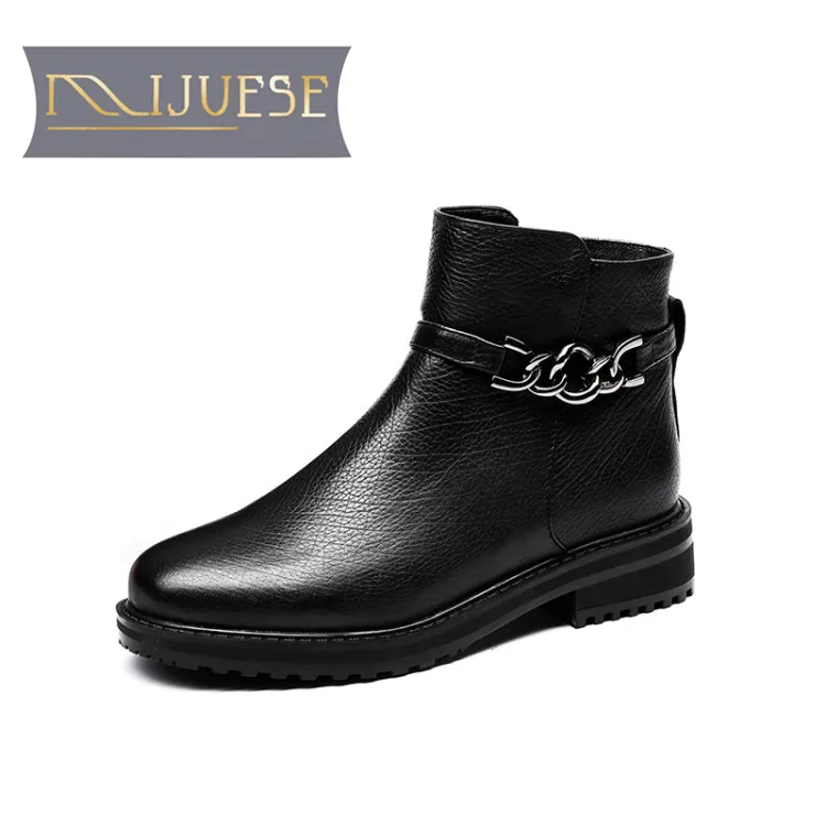 

MLJUESE 2019 women ankle boots cow leather Metal Decoration winter short plush low heel women martin boots size 35- 40