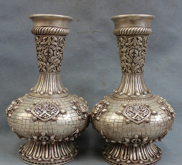 

song voge gem S5340 12" Tibet Silver Buddhist Shakyamuni Buddha Statue Twin Flower Pot Vase Pair