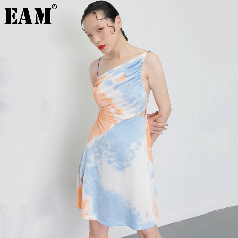 

[EAM] 2019 New Spring Summer Strapless Sleeveless Sling Split Pleated Backless Spliced Hollow Out Dress Women Fashion JY079