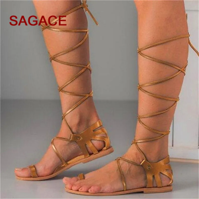 Популярные женские летние сандалии дышащие однотонные сандалии на плоской подошве со шнуровкой и открытым носком обувь в римском стиле Zapatos De Mujer