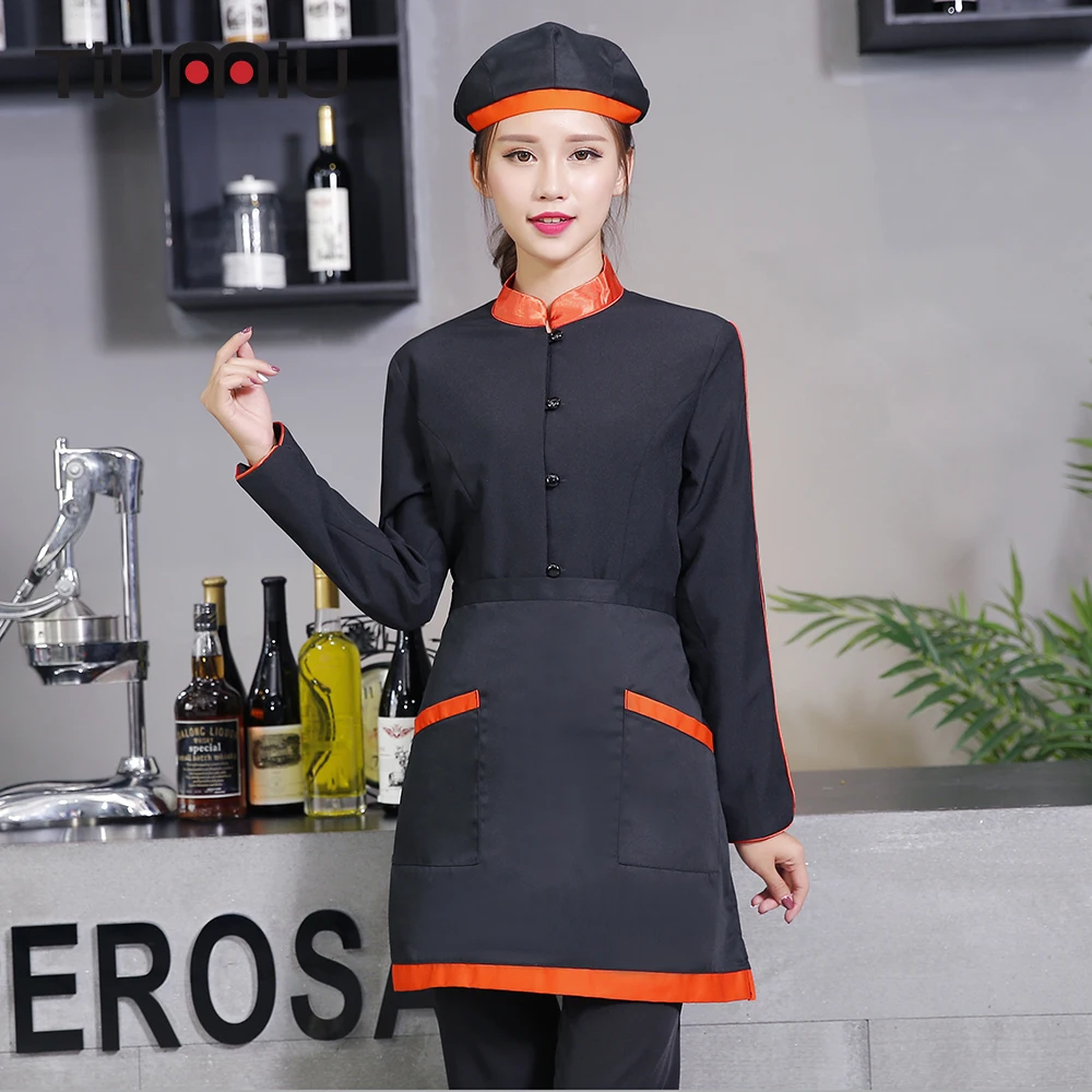 

Women Spliced Color Patchwork Waitress Waiter Uniforms Hotel Restaurant Barbershop Long Sleeve Cleaning Jacket Workwear Uniforms