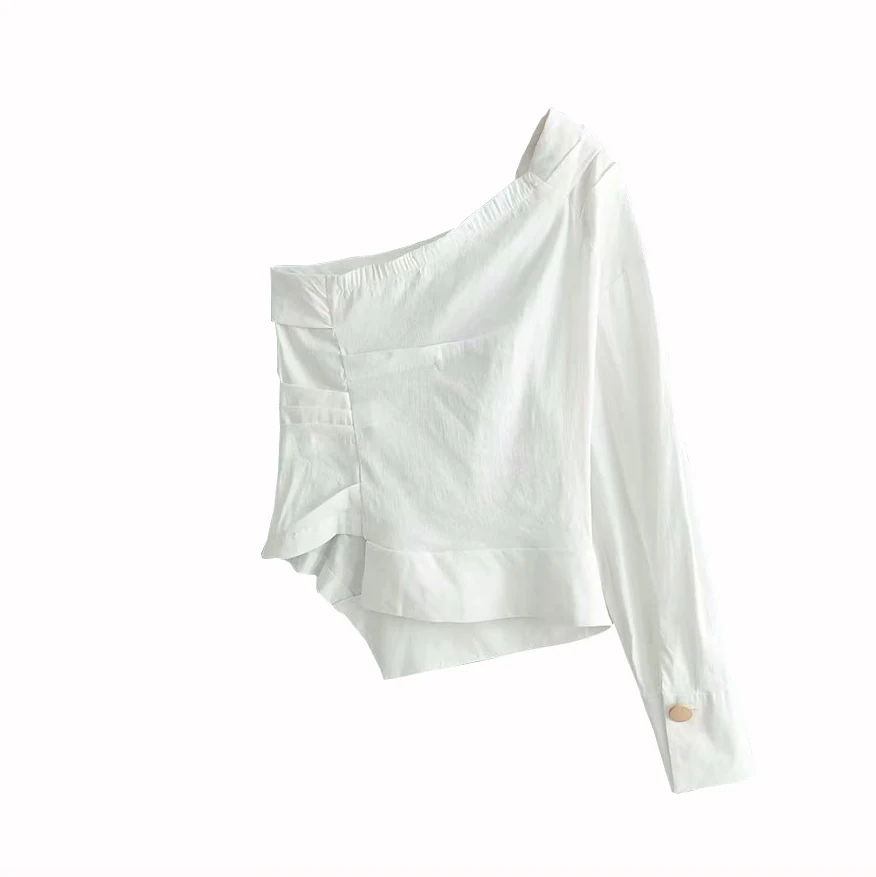 Женская сексуальная белая блуза на одно плечо, неравномерная, с длинным рукавом, короткий стиль, женские, повседневные рубашки, Стильные топы, блузы