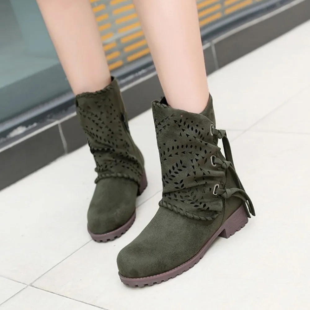 

Women Boots Hollow Out Bandage Suede Military Combat Boots Credit Card Pocket Booties Low Heel Flock Shoes Motorcycle Boots