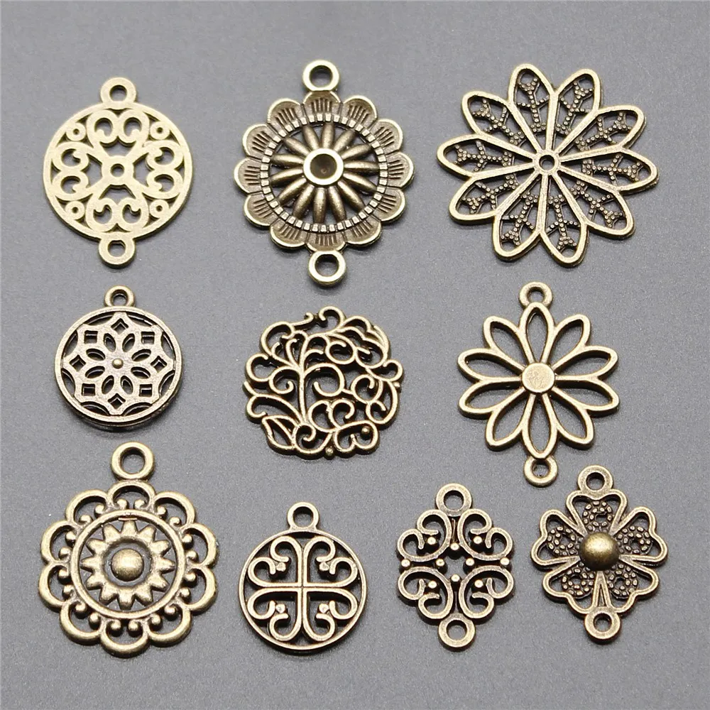 

10pcs Charms Flower Motif Collection Antique Bronze Color Motif Pendant Charms Flower Charms Connector Jewelry Accessories
