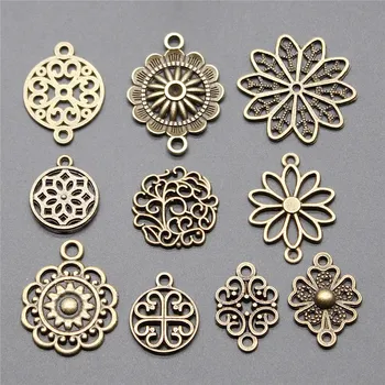 

15pcs Charms Flower Motif Collection Antique Bronze Color Motif Pendant Charms Flower Charms Connector Jewelry Accessories