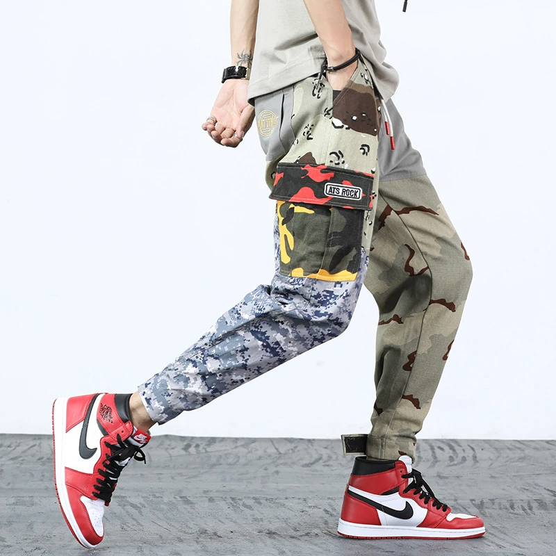 Харадзюку лоскутные брюки карго мужские хип-хоп Уличная одежда штаны для бега с эластичной талией повседневные камуфляжные спортивные брюки WS260