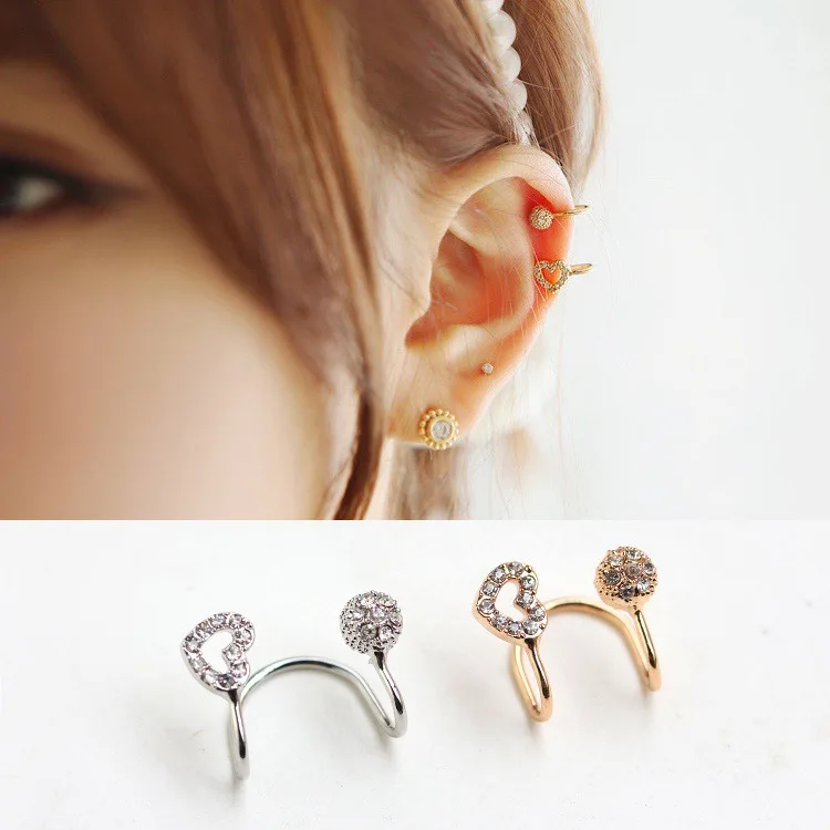 

1PCS 2019 New Japan Korean Gold Silver Color Cute Heart Rhinestone Ear Clip Earrings Without Pierced Ear Clip Girl's Jewelry