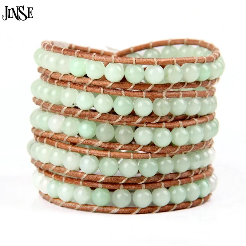 JINSE Винтажный 5 многослойный высококачественный 6 мм браслет с зеленым камнем WP для женщин Модный кожаный браслет WPB191