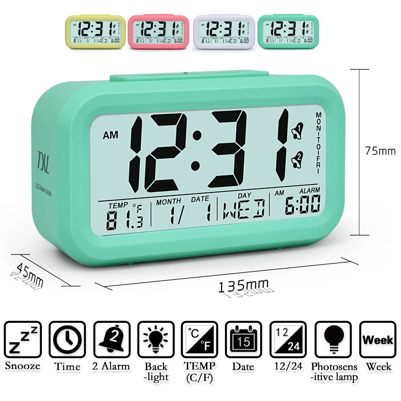 TXL smart Alarm Clock for student, Month Date Day display, LCD light sensor, snooze desktop clock, Kids Table Clock, mint 4color