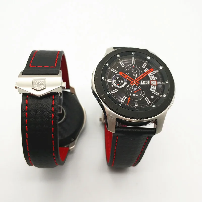 Akgleader 20/22 мм ремешок для часов для Galaxy Watch 46mm углеродная волокна Стиль кожаный ремешок для наручных часов для samsung Шестерни S3 huawei GT плечевой ремень - Цвет ремешка: Silver  Buckle