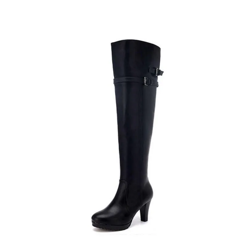 Г. Лидер продаж, Зимние Модные женские ботинки с круглым носком ботинки на шнуровке на высоком каблуке 7,5 см Сапоги выше колена с боковой молнией - Цвет: Черный
