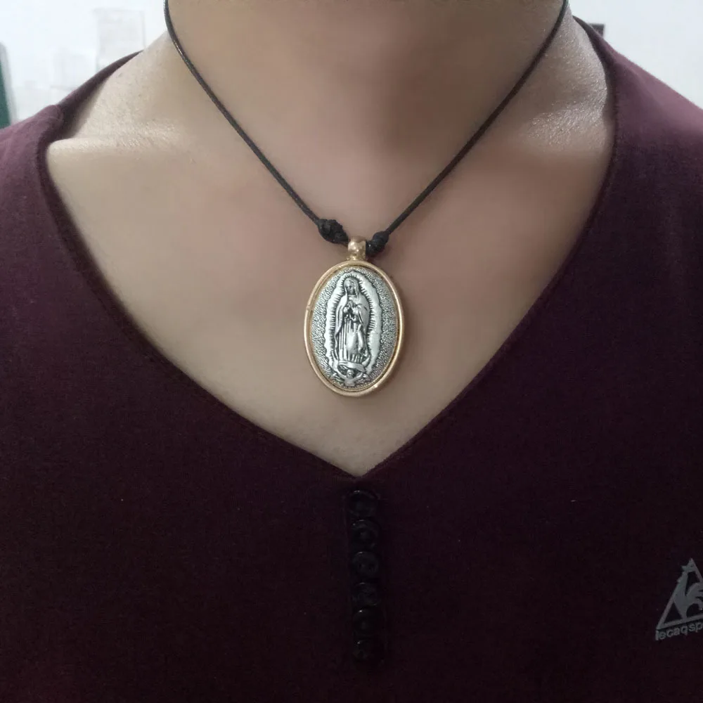 Ancient silver gold Catholic Mary pendant leather cord necklace 4.4*2