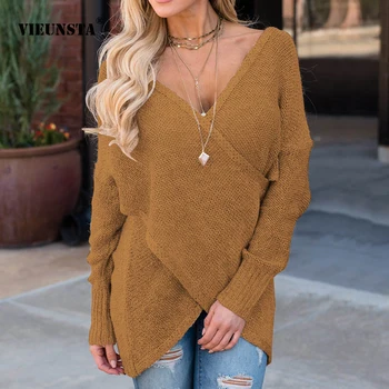 

VIEUNSTA Sexy Deep V-Neck Knitted Sweater Women Autumn Long Sleeve Elastic Irregular Pullovers Casual Solid Loose 2XL Jumper