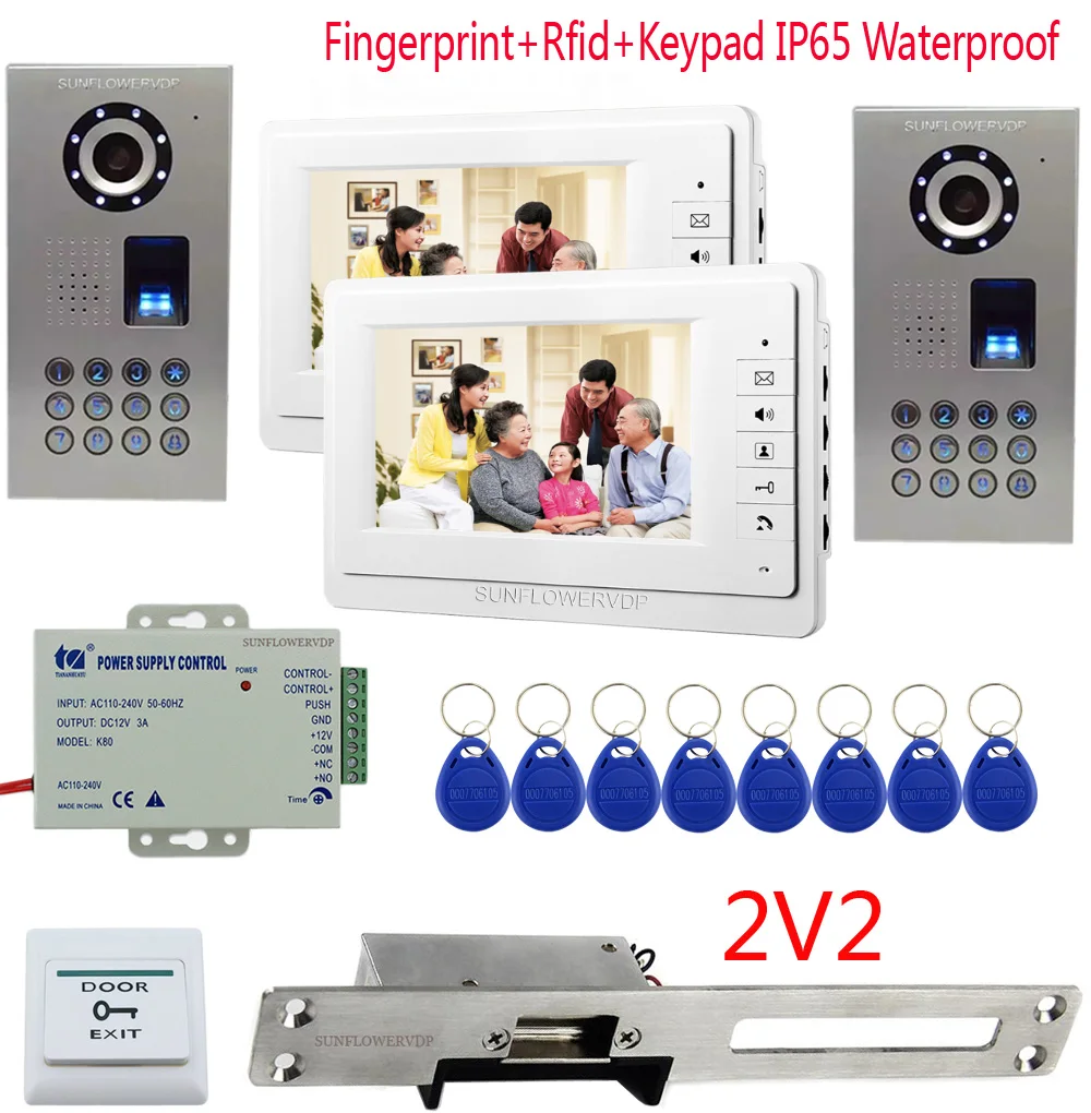 

Fingerprint Rfid Keypad Video Phone House 7" Color Monitor Videophone Two Cameras Intercom Electronic + long Plate Door Lock
