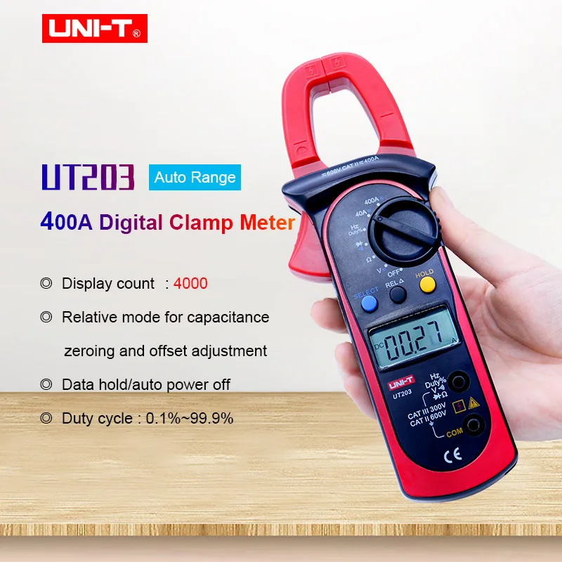 

UNI-T UT203 Digital Clamp Meter Auto Range Data hold Multimeter AC DC voltmeter Ammeter Capacitance Resistance Frequency tester
