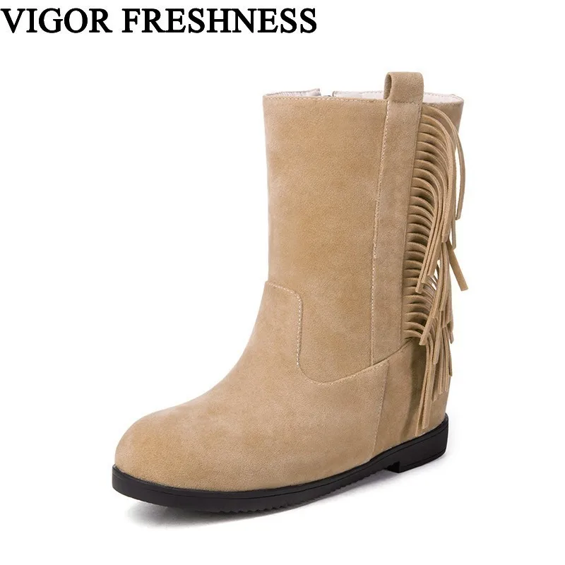 VIGOR FRESHNESS Winter Women Snow Boots Height Increasing Shoes Woman Boots Mid Calf Autumn Boots Middle Heels Shoes Warm MY66