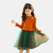 Платье для девочек, вязаные вечерние платья весенне-осеннее Сетчатое платье для девочек свитер для девочек-подростков, одежда для детей 6, 8, 10, 12, 13, 14 лет