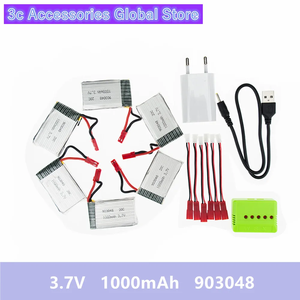 6 шт 3 7 V Lipo 1000mAh 20C JST Drone батареи с зеленым зарядным кабелем Набор для JRC H11D HQ898 RC