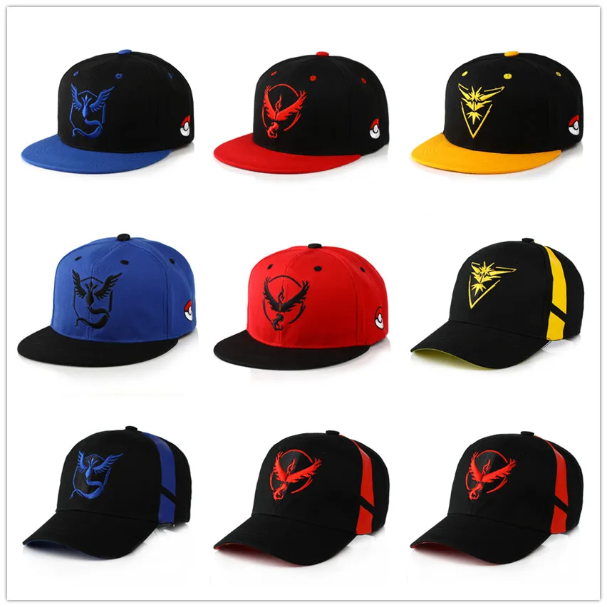 

Pokemon go Team Mystic Valor Instinct cotton Cosplay Hats Embroidered Articuno Zapdos Moltres bassball cap hip-hop hat