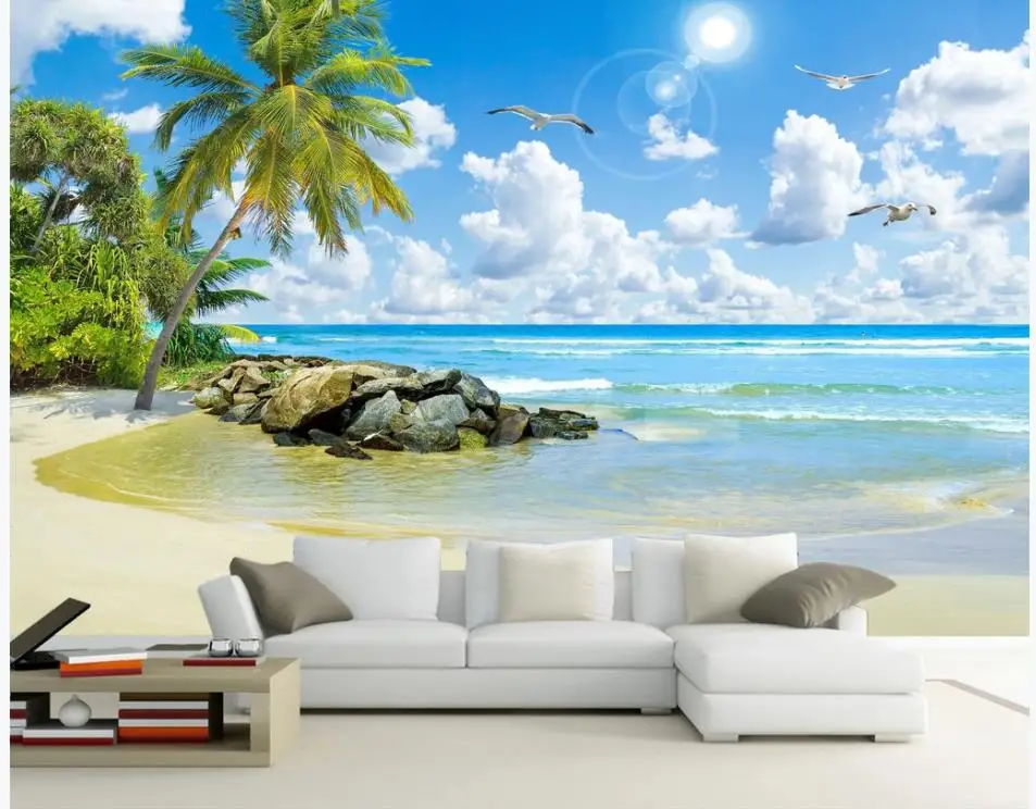 Seascape coconut tree beach HD landscape painting living room TV background wall modern living room wallpapers Seascape coconut tree beach HD landscape painting living room TV background wall modern living room wallpapers