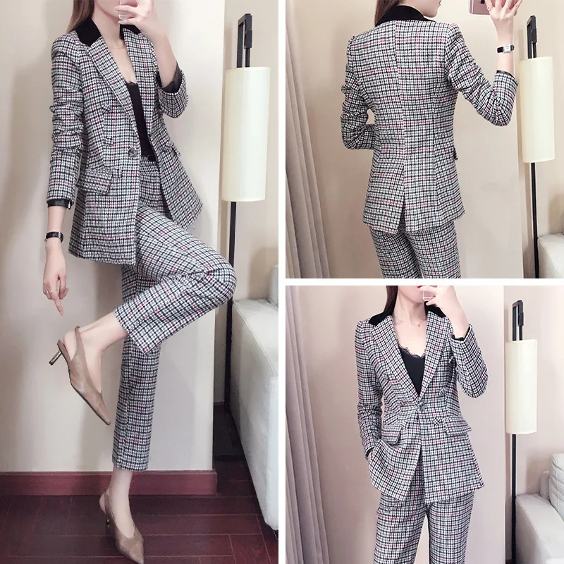 

elegant office lady office busieness 2 piece set women suits Plaid gray blazer pants notched jacket pant suit outfit