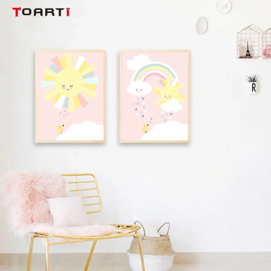Pink Sun Rainbow Moon Wall Art Canvas Painting  (4)