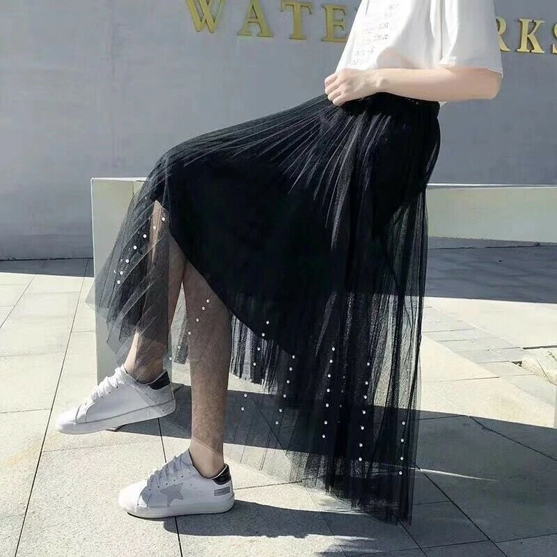Women Pleated Skirt Summer Beach Sundress Ballet Lace Tulle Streetwear Midi Skirts Casual High Waist Skirt Wedding Womens Skirts