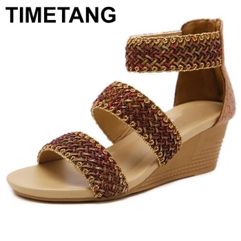 

TIMETANGPlussize Summer Weaving Sandals Fish Mouth Women Sandals Pu Bohemia Wedges Retro High Heels shoes woman sandalia feminia