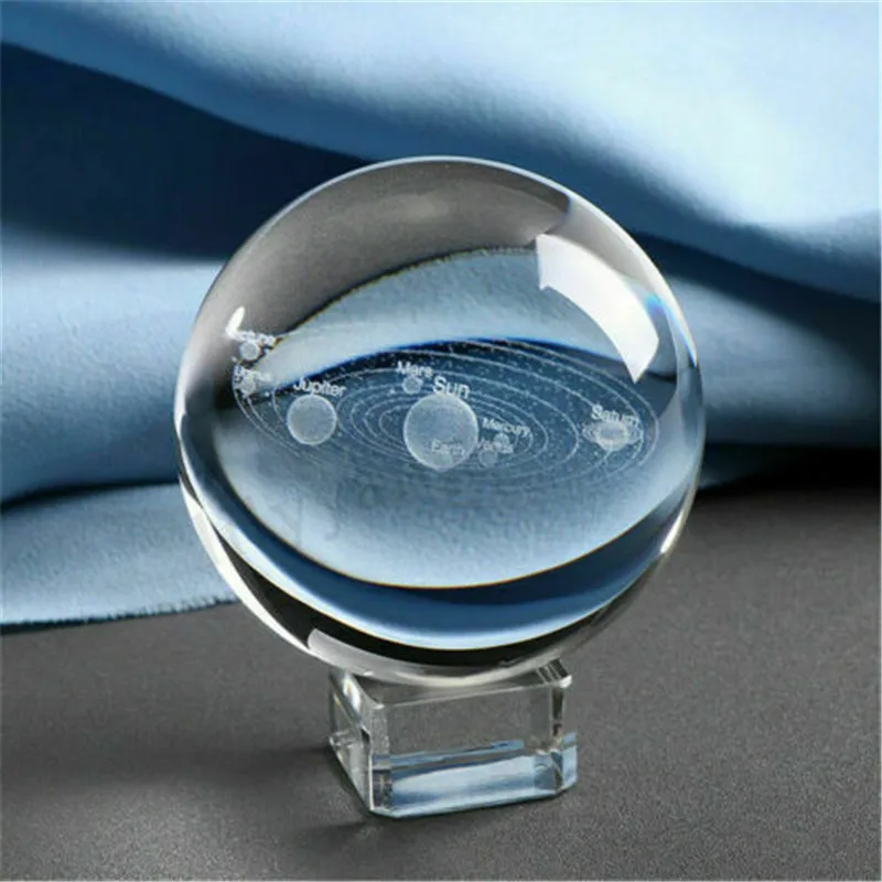 

6CM Laser Engraved Solar System Ball 3D Miniature Planets Model Sphere Glass Crystal Ball + Base