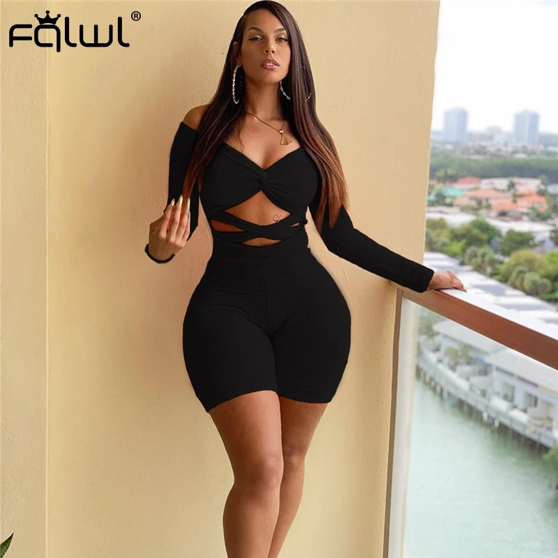 

FQLWL Hollow Out Off Shoulder Sexy Bodycon Short Jumpsuit Women Playsuit Knitted Backless Summer Rompers Womens Jumpsuit Female